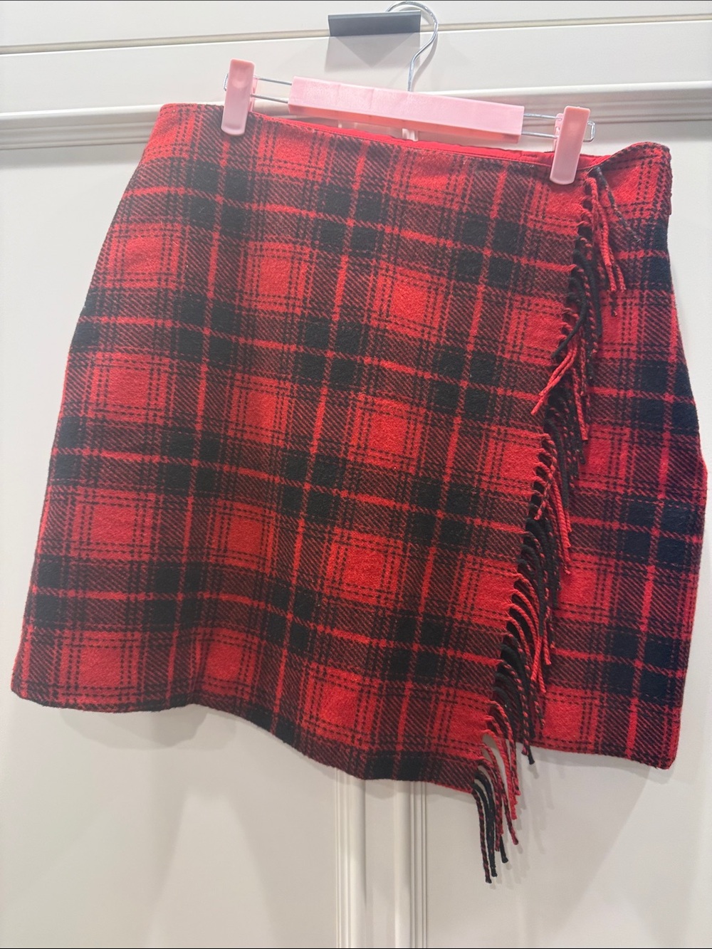 LOFT Red and Black Plaid Fringe Wrap Mini Skirt